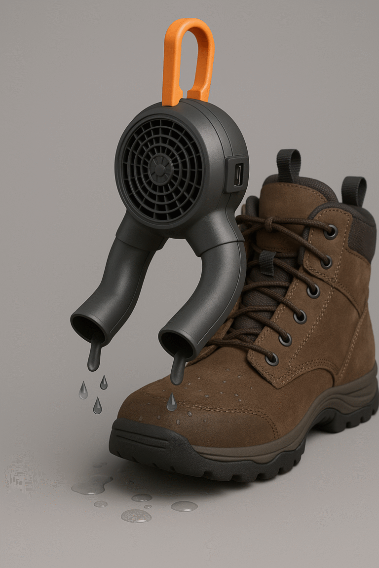 Electric boot dryer with dual nozzles drying a brown hiking boot, showcasing efficient moisture removal for outdoor footwear.