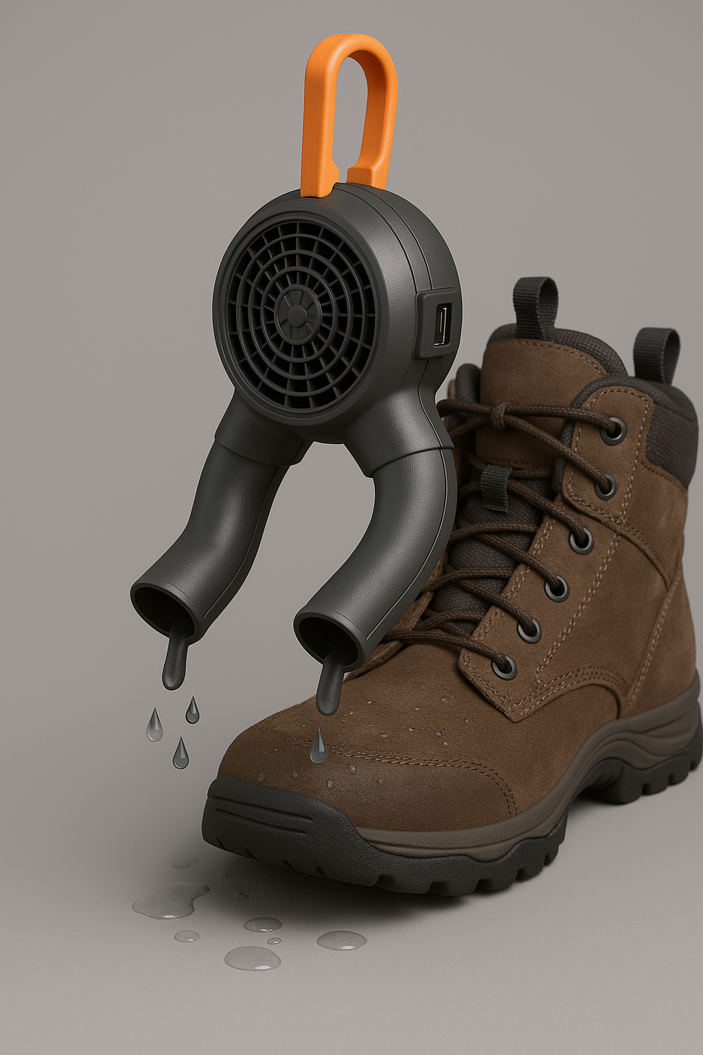 Electric boot dryer with dual nozzles drying a brown hiking boot, showcasing efficient moisture removal for outdoor footwear.