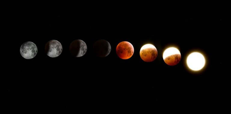 Phases of a lunar eclipse displayed in a sequence, showcasing the moon's transition from full brightness to a deep red hue and back to full illumination against a black background.
