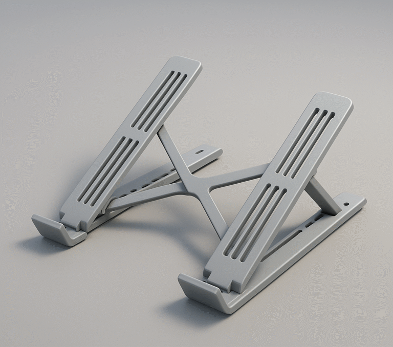Adjustable laptop stand with a sleek silver design, featuring ventilation slots for heat dissipation and ergonomic support for comfortable viewing angles. Ideal for home office or workspace use.