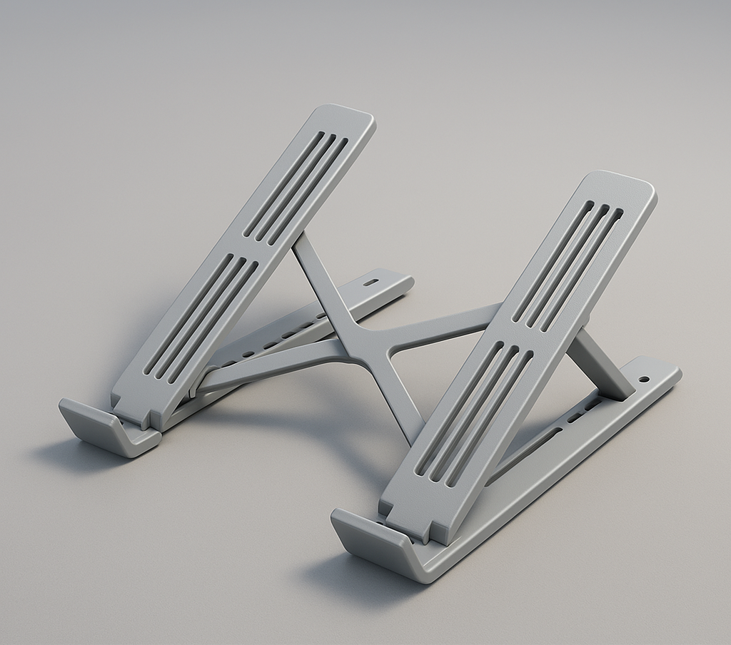 Adjustable laptop stand with a sleek silver design, featuring ventilation slots for heat dissipation and ergonomic support for comfortable viewing angles. Ideal for home office or workspace use.